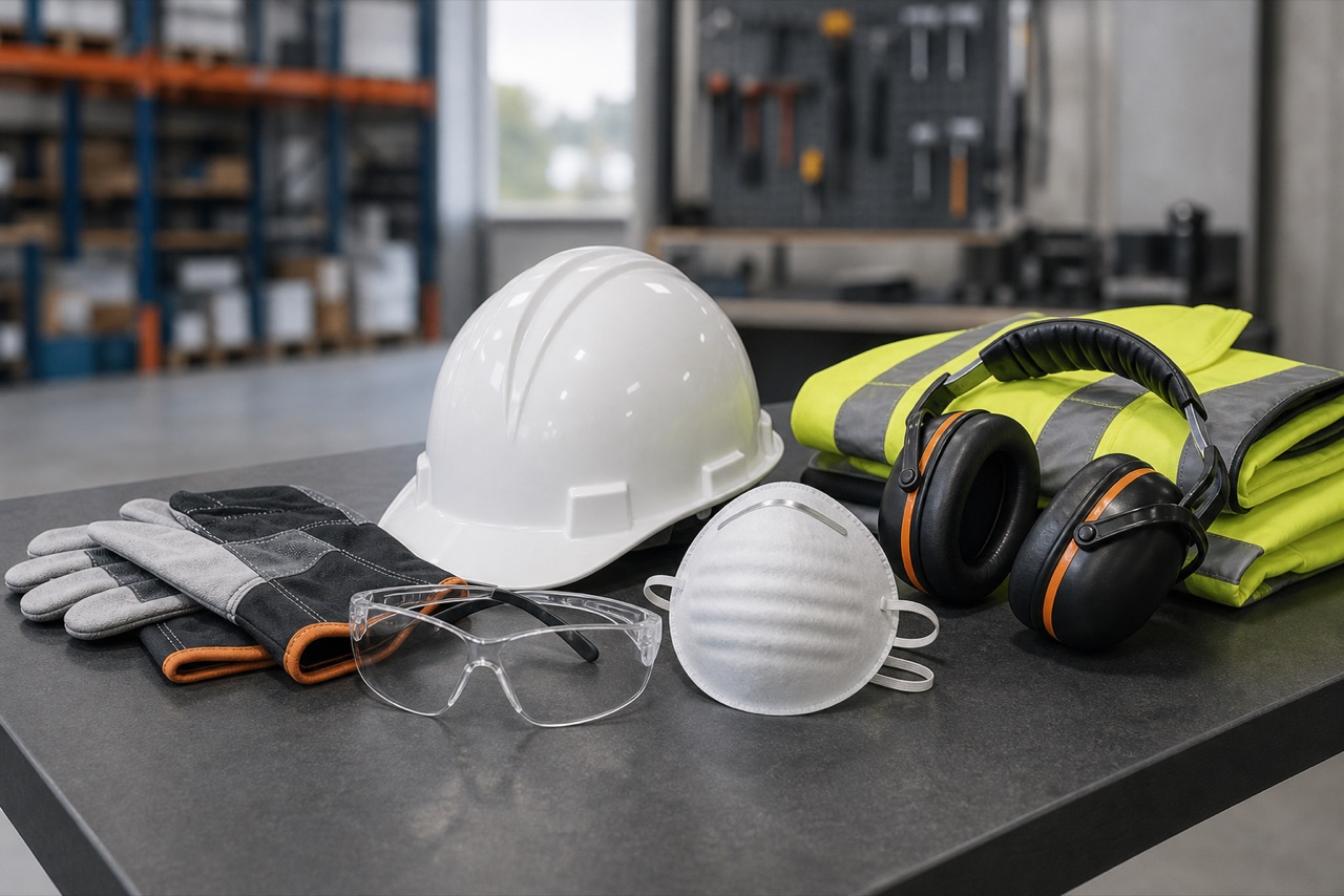Workplace safety equipment including a welding helmet, fall arrest harness and cut-resistant gloves