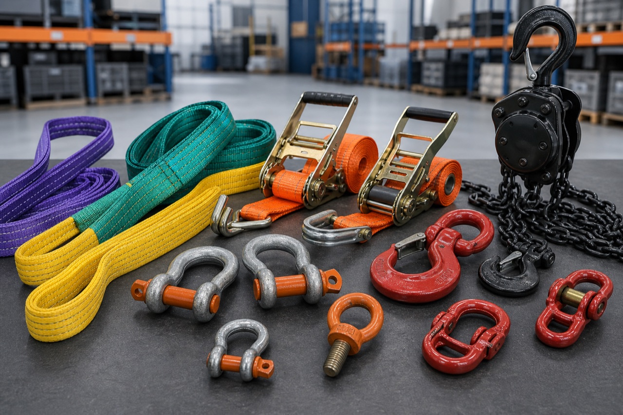 Lifting slings, ratchet tie-downs, rigging hardware, chain blocks, hydraulic jacks and industrial castors